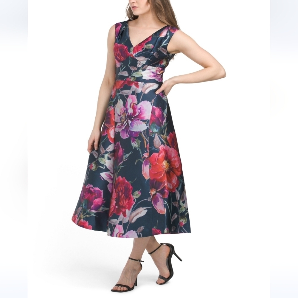Kay Unger Mikado V neck Bold Floral Tea Leght Dress